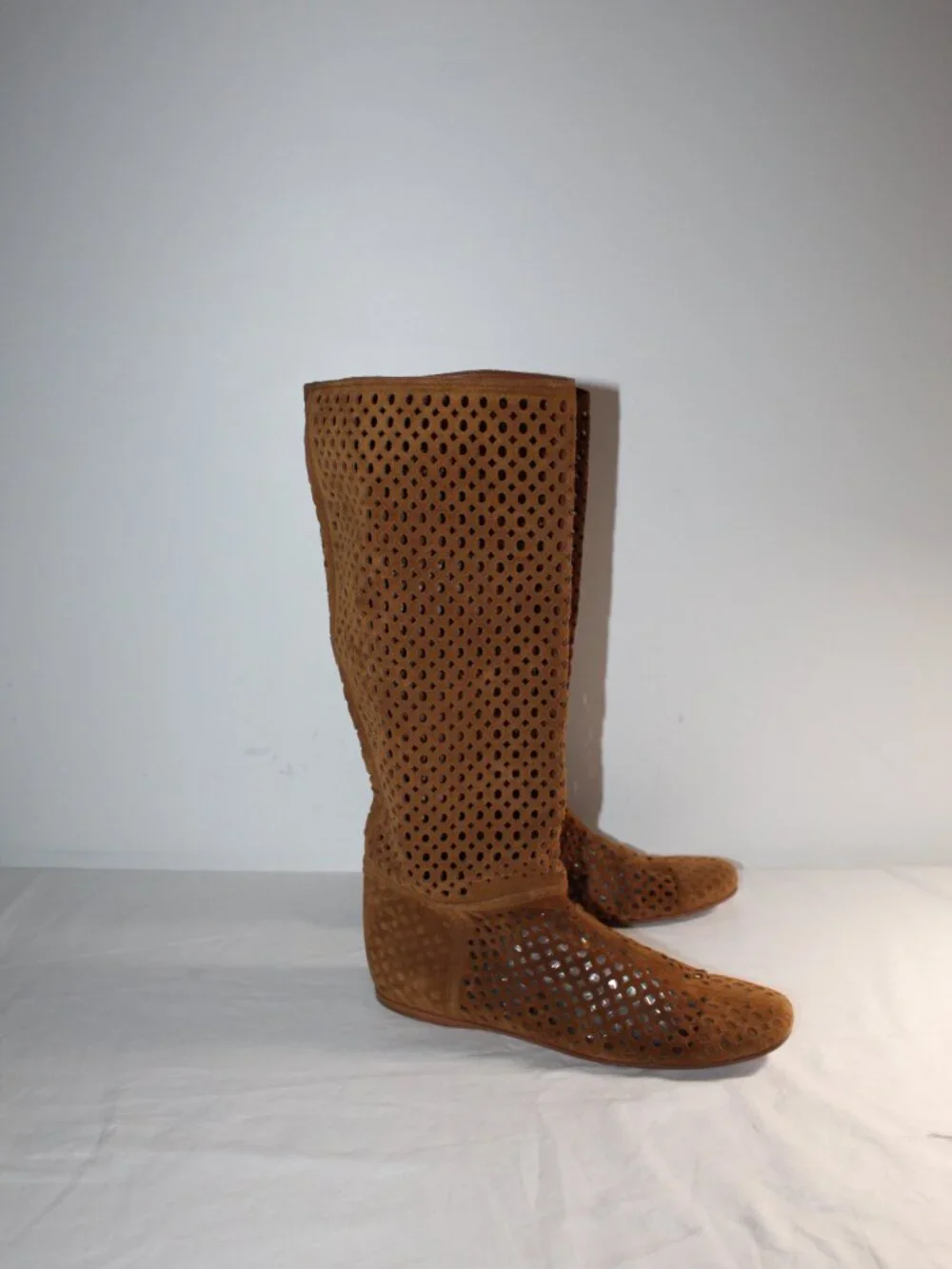 PRADA Brown Suede Leather Perforated Tall Flats Pull On Riding Boots 40